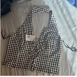 Gingham Tie-Front Halter Crop Top